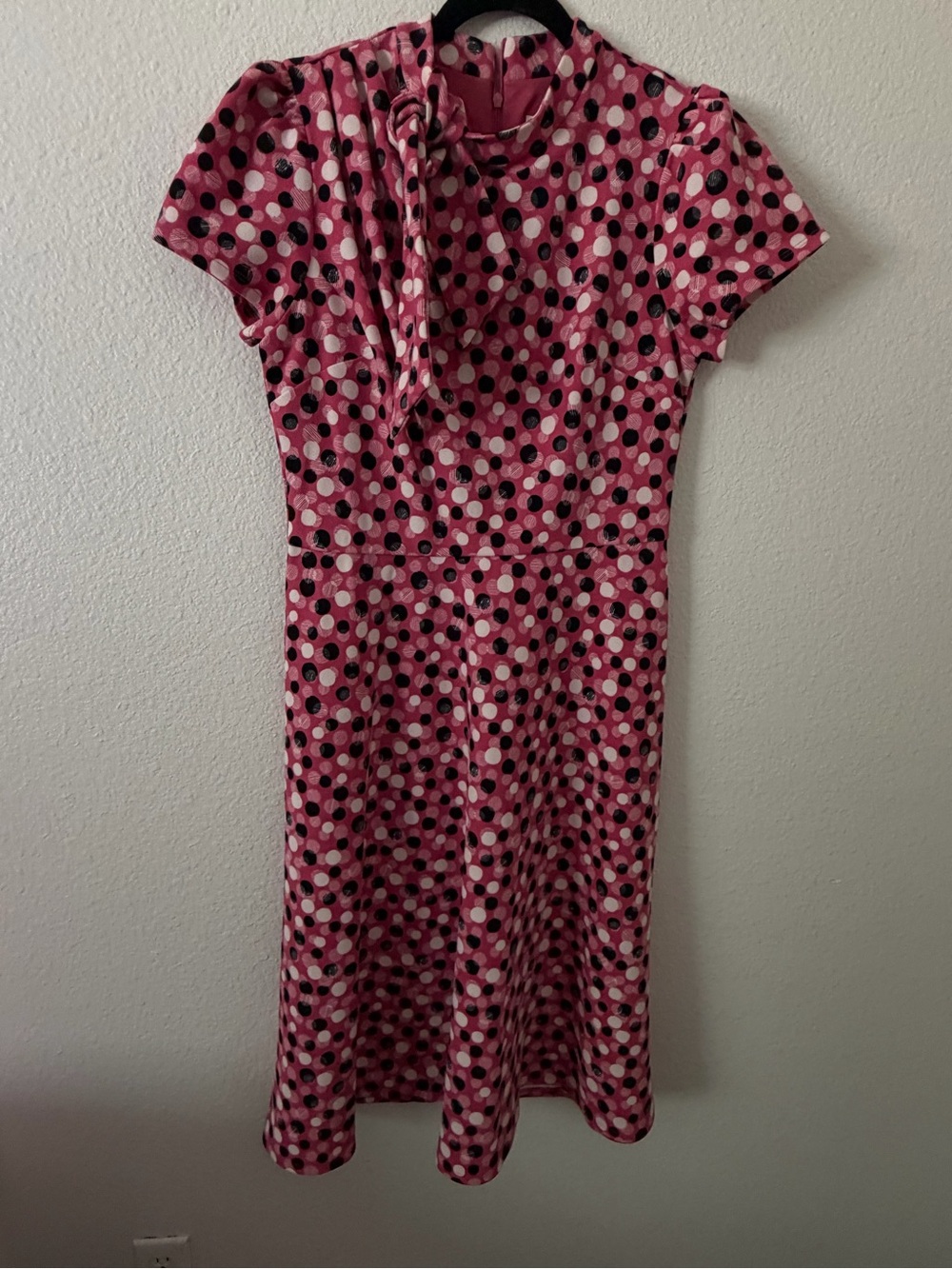 London Times Pink Polka Dot Midi Dress with Tie Neck